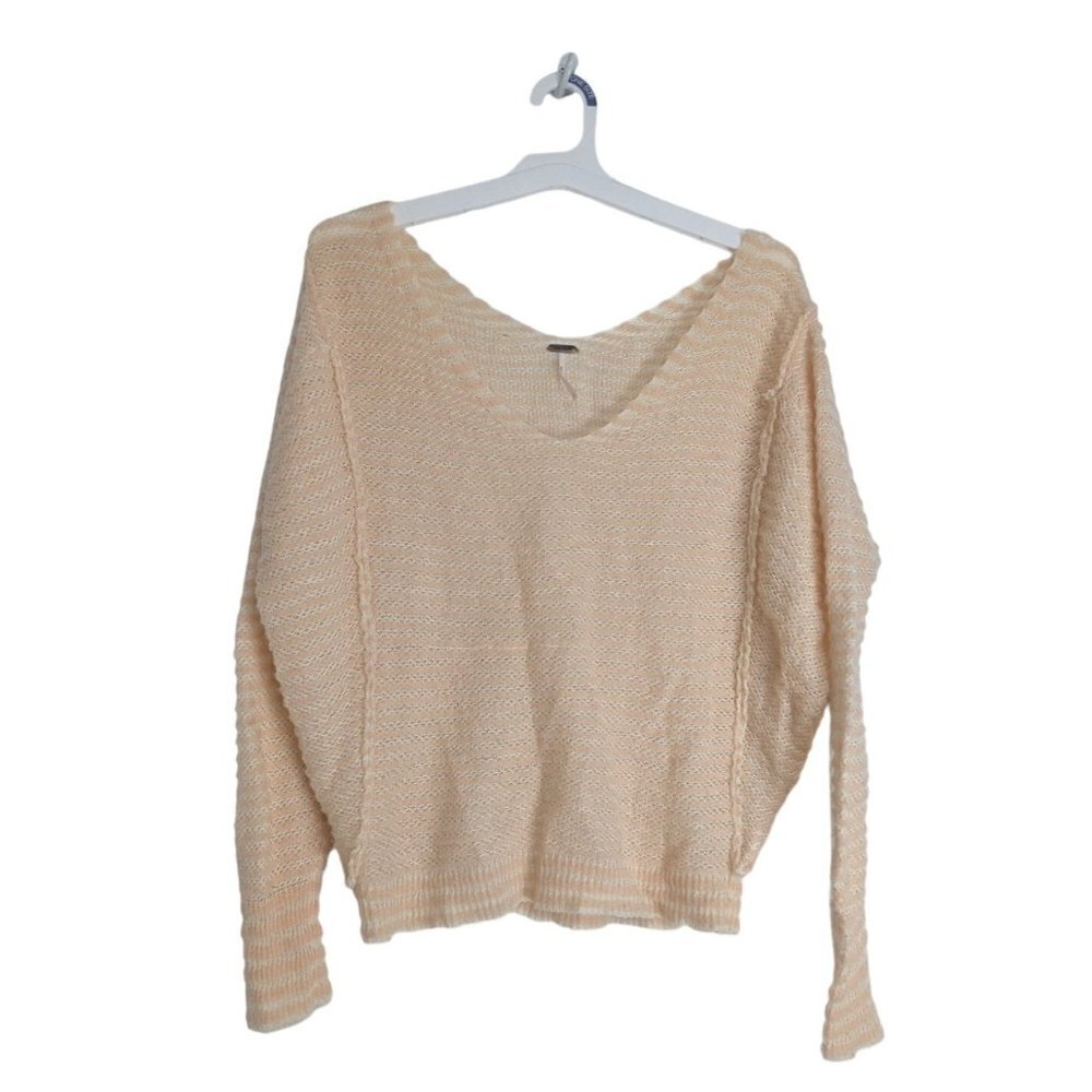 Free People Bumblebee Linen Wool Blend Striped Oversized Sweater Peach Cream XS